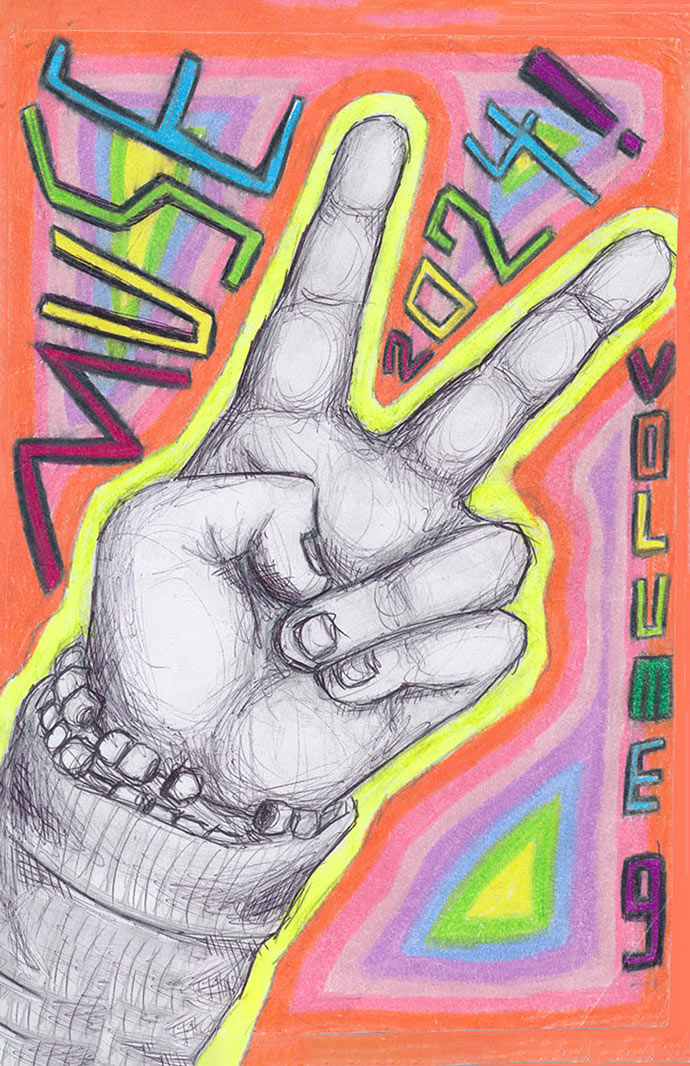 Colorful background with hand showing a peace sign